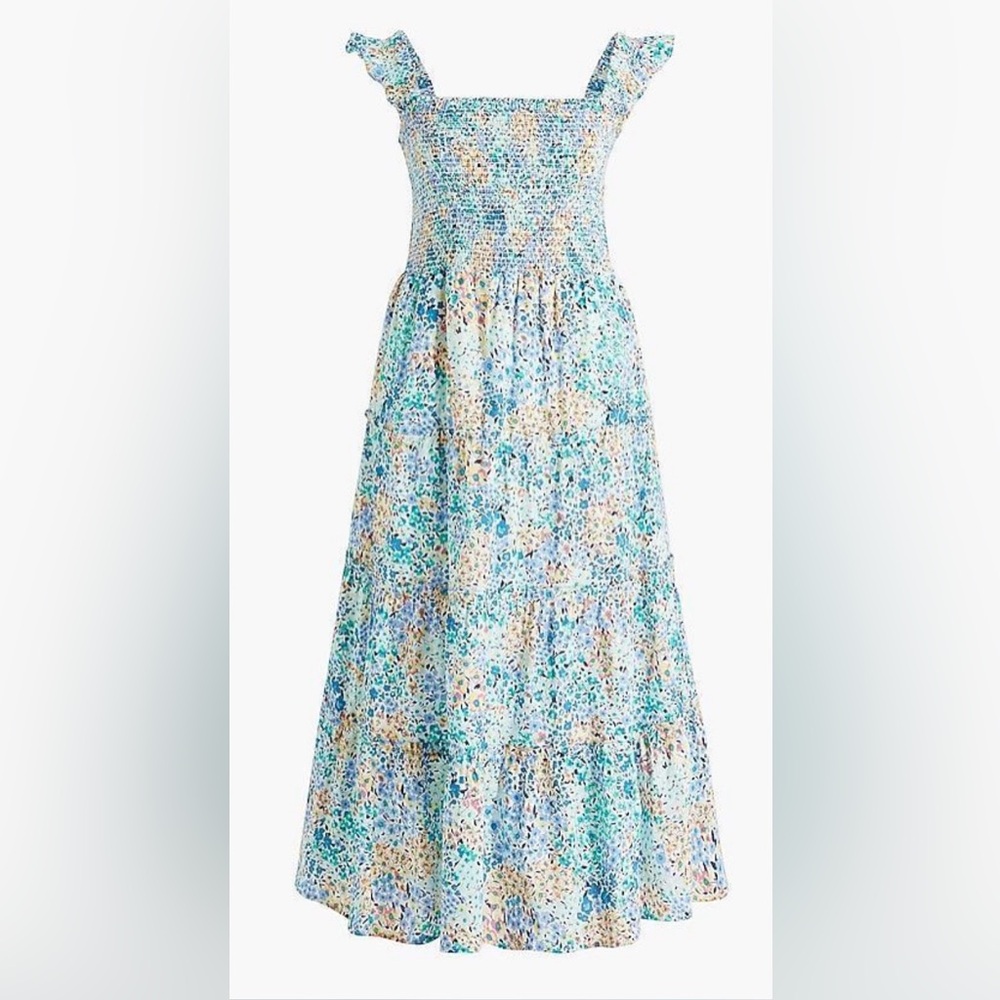 J Crew Floral Smocked Tiered Floral Midi Dress
